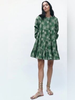 ZARA | Embroidered Floral Tiered Long-Sleeve Mini Dress